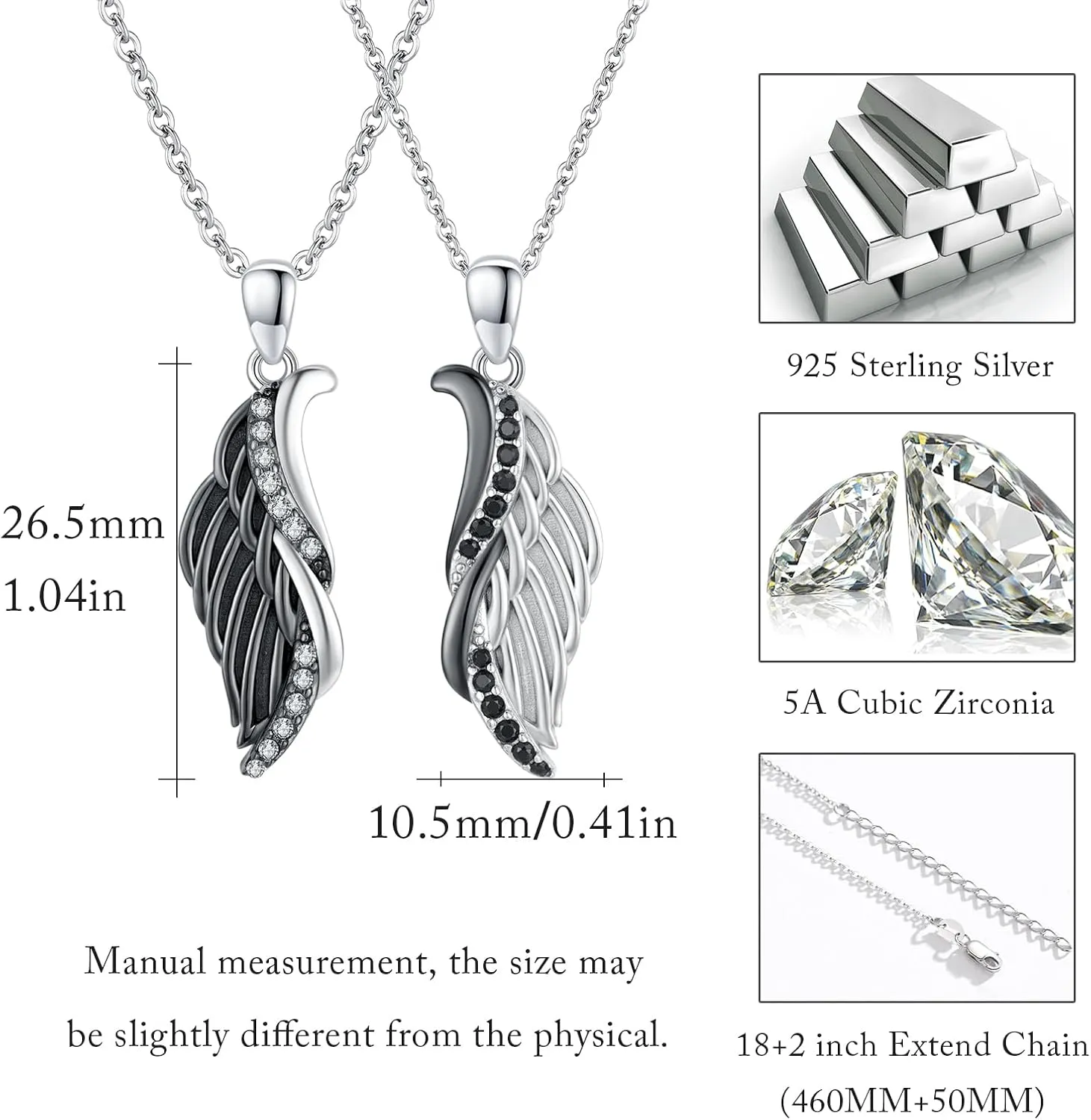 CUOKA MIRACLE Couple Wings Necklace, 925 Sterling Silver A Pair Couple Jewelry Guardian Angel Wings His and Her Matching Necklace Wings Black and White Angel Pendant Gift for Couples Best Friends