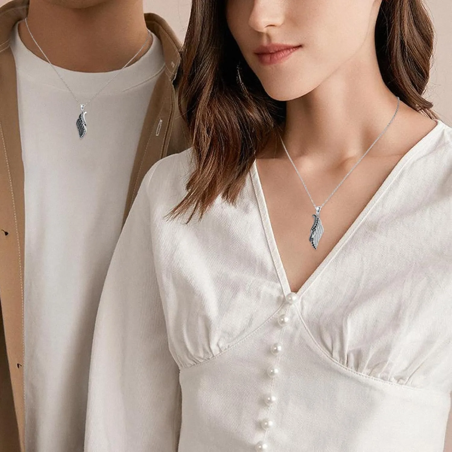 CUOKA MIRACLE Couple Wings Necklace, 925 Sterling Silver A Pair Couple Jewelry Guardian Angel Wings His and Her Matching Necklace Wings Black and White Angel Pendant Gift for Couples Best Friends
