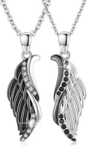 CUOKA MIRACLE Couple Wings Necklace, 925 Sterling Silver A Pair Couple Jewelry Guardian Angel Wings His and Her Matching Necklace Wings Black and White Angel Pendant Gift for Couples Best Friends
