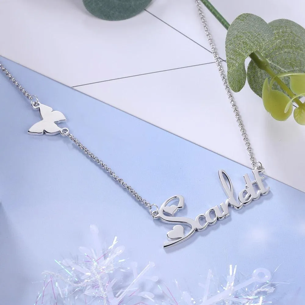 Customizable 925 Sterling Silver pendant necklace with a nameplate and butterfly