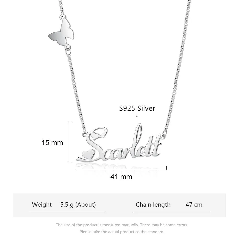 Customizable 925 Sterling Silver pendant necklace with a nameplate and butterfly