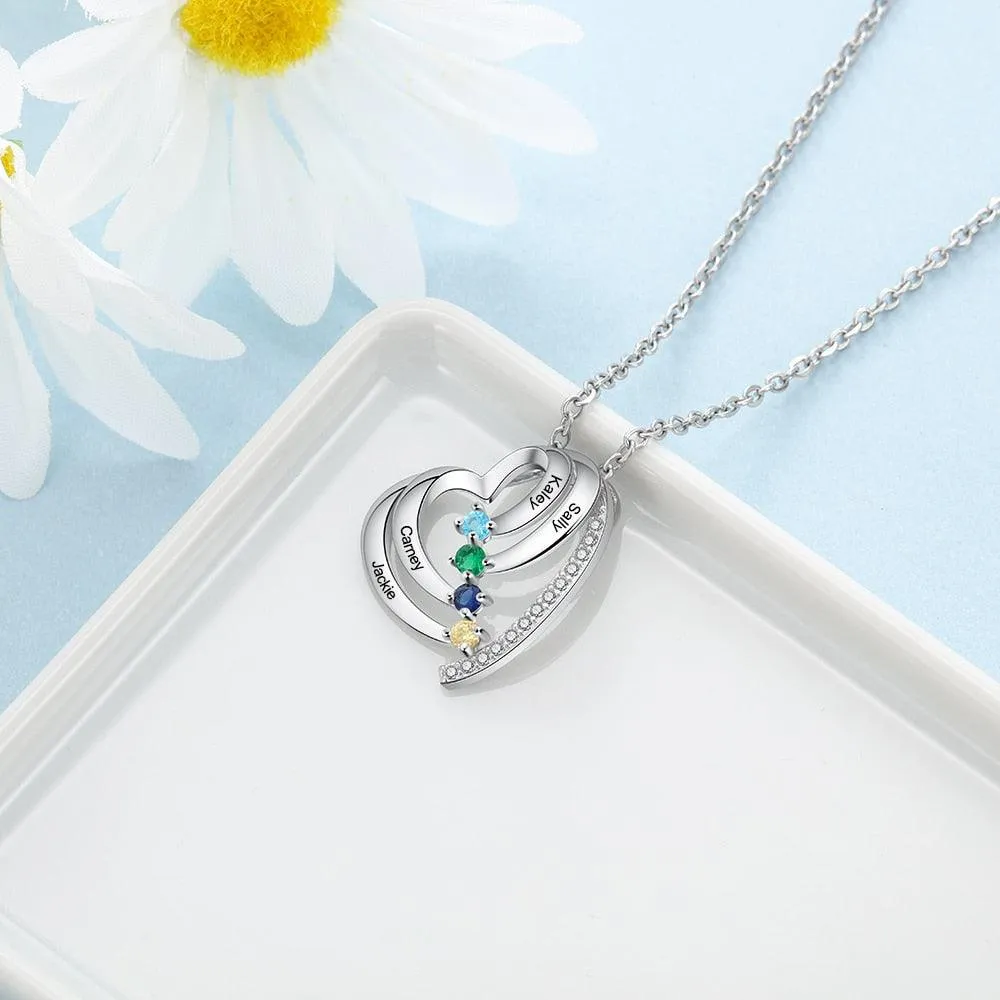 Customized Family Heart Pendant Necklace, Personalized 4 Names & Birthstones Pendant