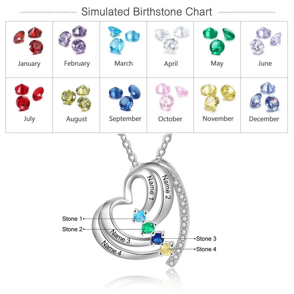Customized Family Heart Pendant Necklace, Personalized 4 Names & Birthstones Pendant