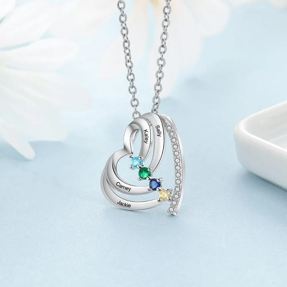 Customized Family Heart Pendant Necklace, Personalized 4 Names & Birthstones Pendant