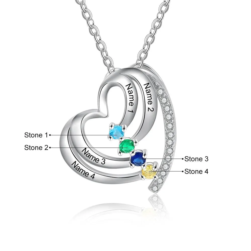 Customized Family Heart Pendant Necklace, Personalized 4 Names & Birthstones Pendant