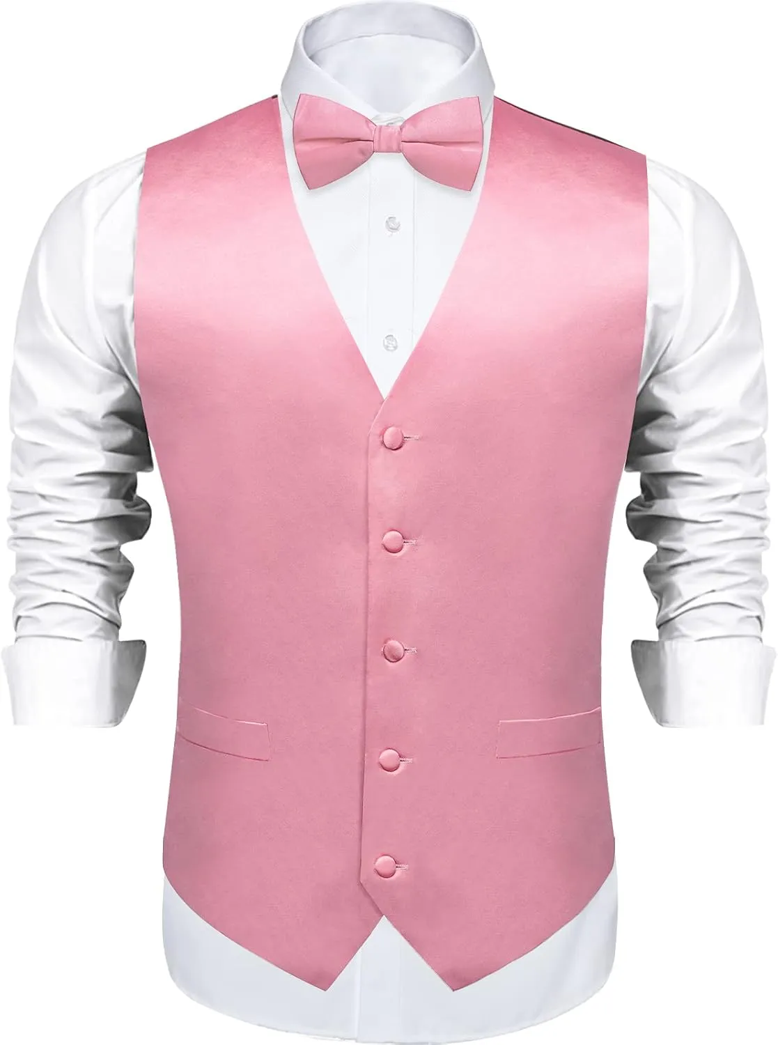 DiBanGu Mens Satin Vest and Bowtie Lapel Pin Set for Suit or Tuxedo,Solid Dress Waistcoat & Pre-tied Bowtie for Wedding Party