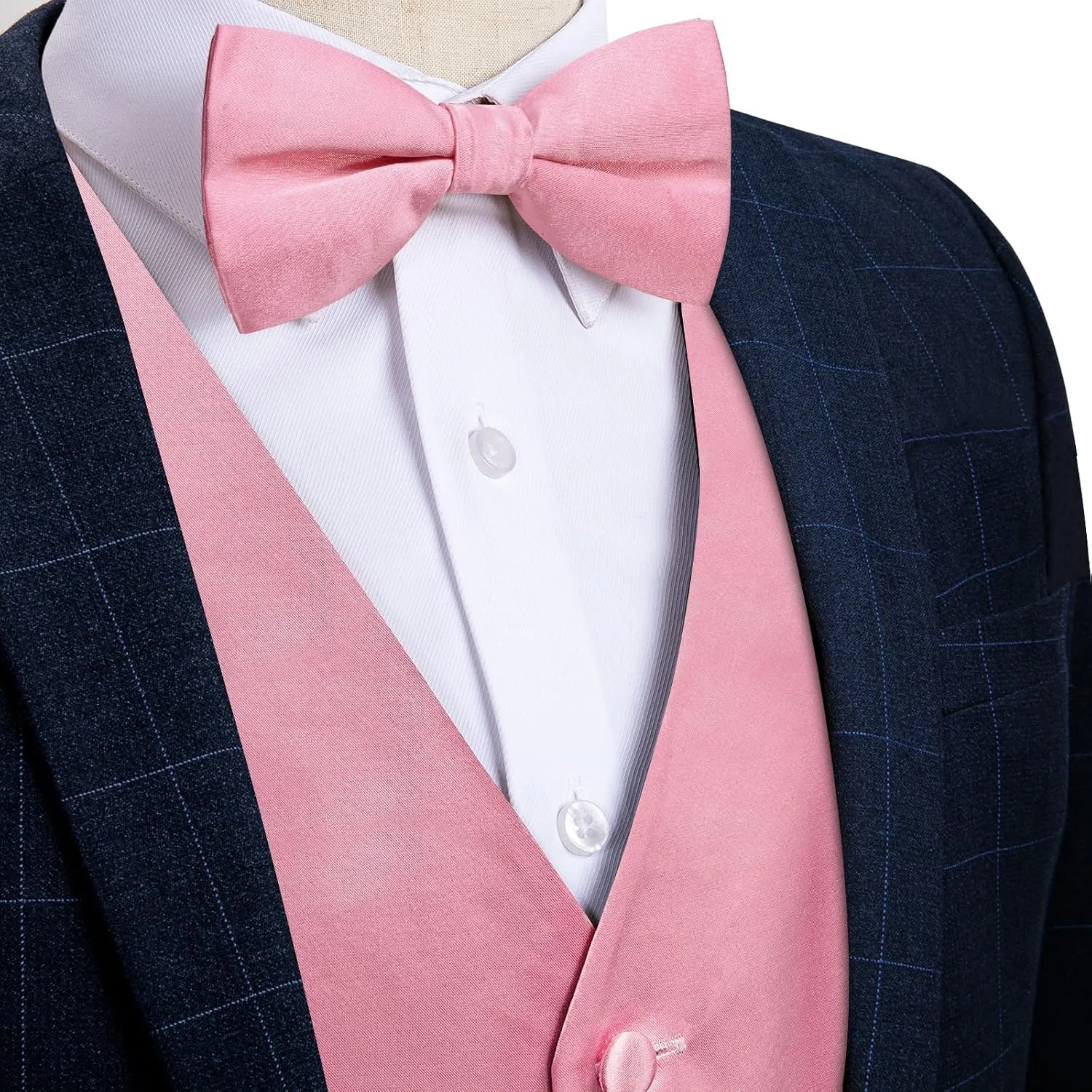 DiBanGu Mens Satin Vest and Bowtie Lapel Pin Set for Suit or Tuxedo,Solid Dress Waistcoat & Pre-tied Bowtie for Wedding Party