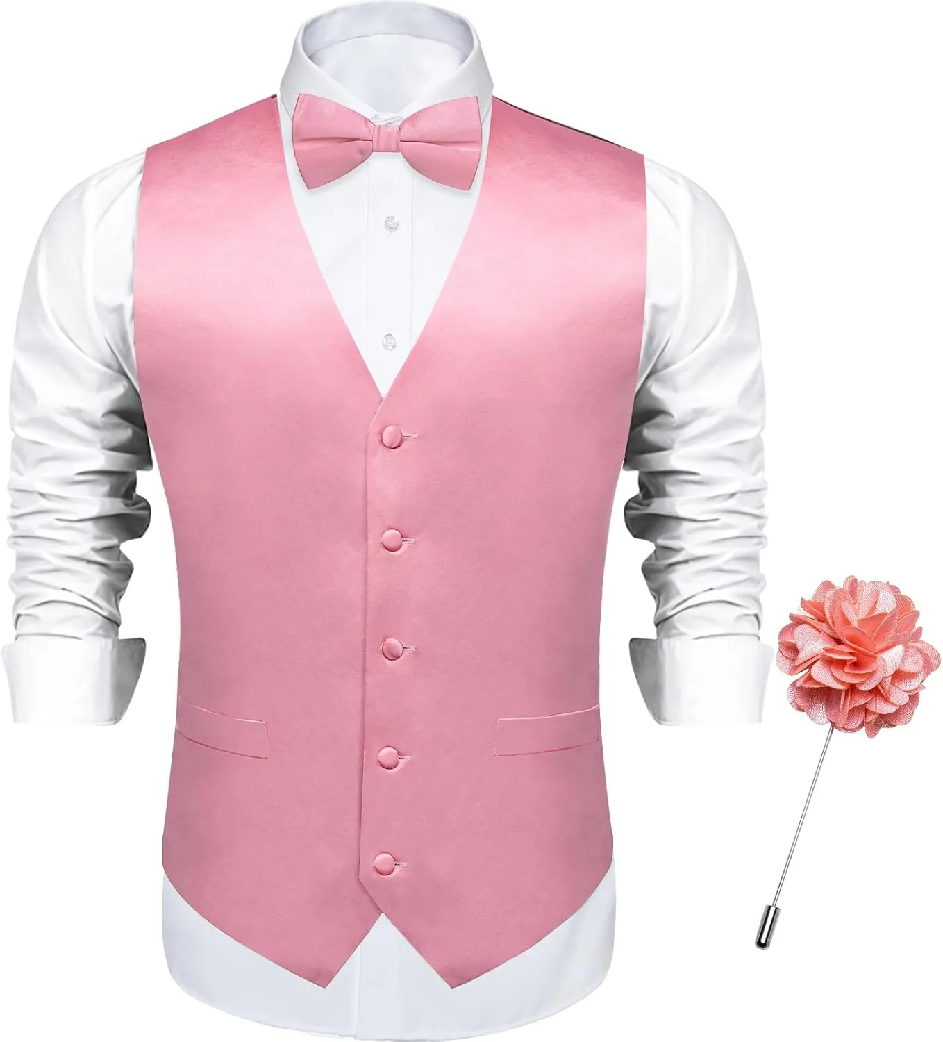 DiBanGu Mens Satin Vest and Bowtie Lapel Pin Set for Suit or Tuxedo,Solid Dress Waistcoat & Pre-tied Bowtie for Wedding Party