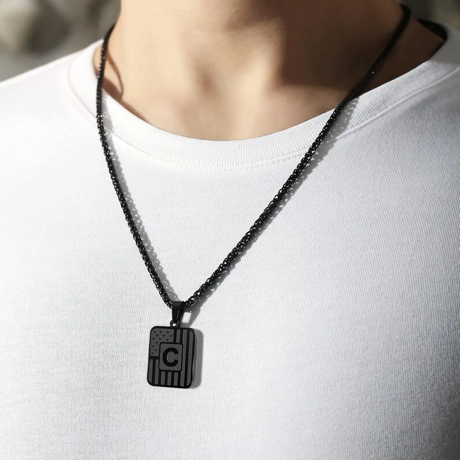DuoDiner Initial A-Z Necklaces for Men Boys Kids, American Flag Stainless Steel Letter Pendent Chain 20 2 Inches Jewelry Gifts