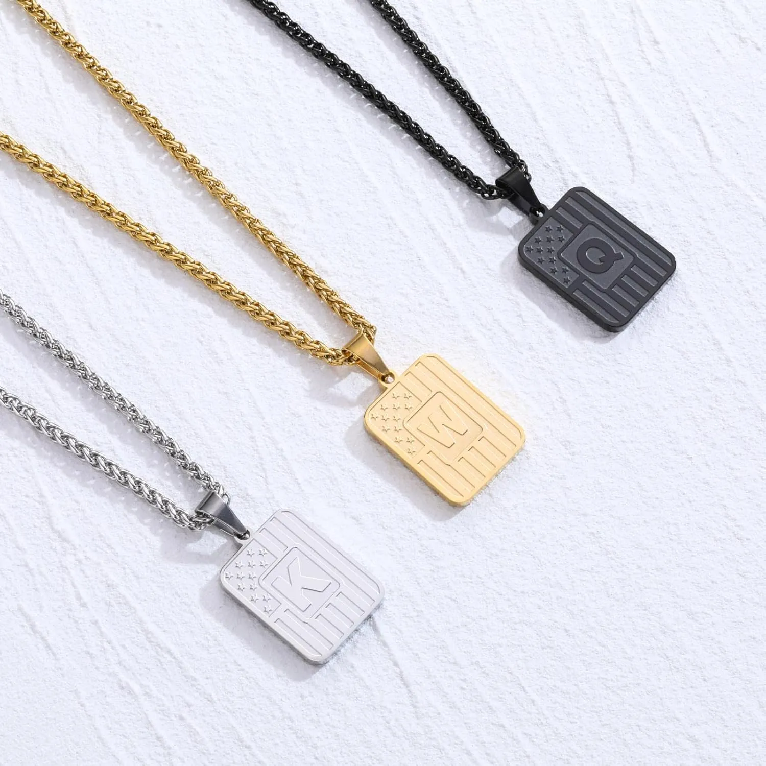 DuoDiner Initial A-Z Necklaces for Men Boys Kids, American Flag Stainless Steel Letter Pendent Chain 20 2 Inches Jewelry Gifts