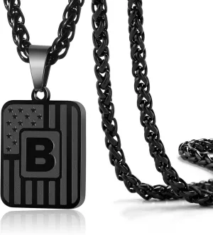 DuoDiner Initial A-Z Necklaces for Men Boys Kids, American Flag Stainless Steel Letter Pendent Chain 20 2 Inches Jewelry Gifts