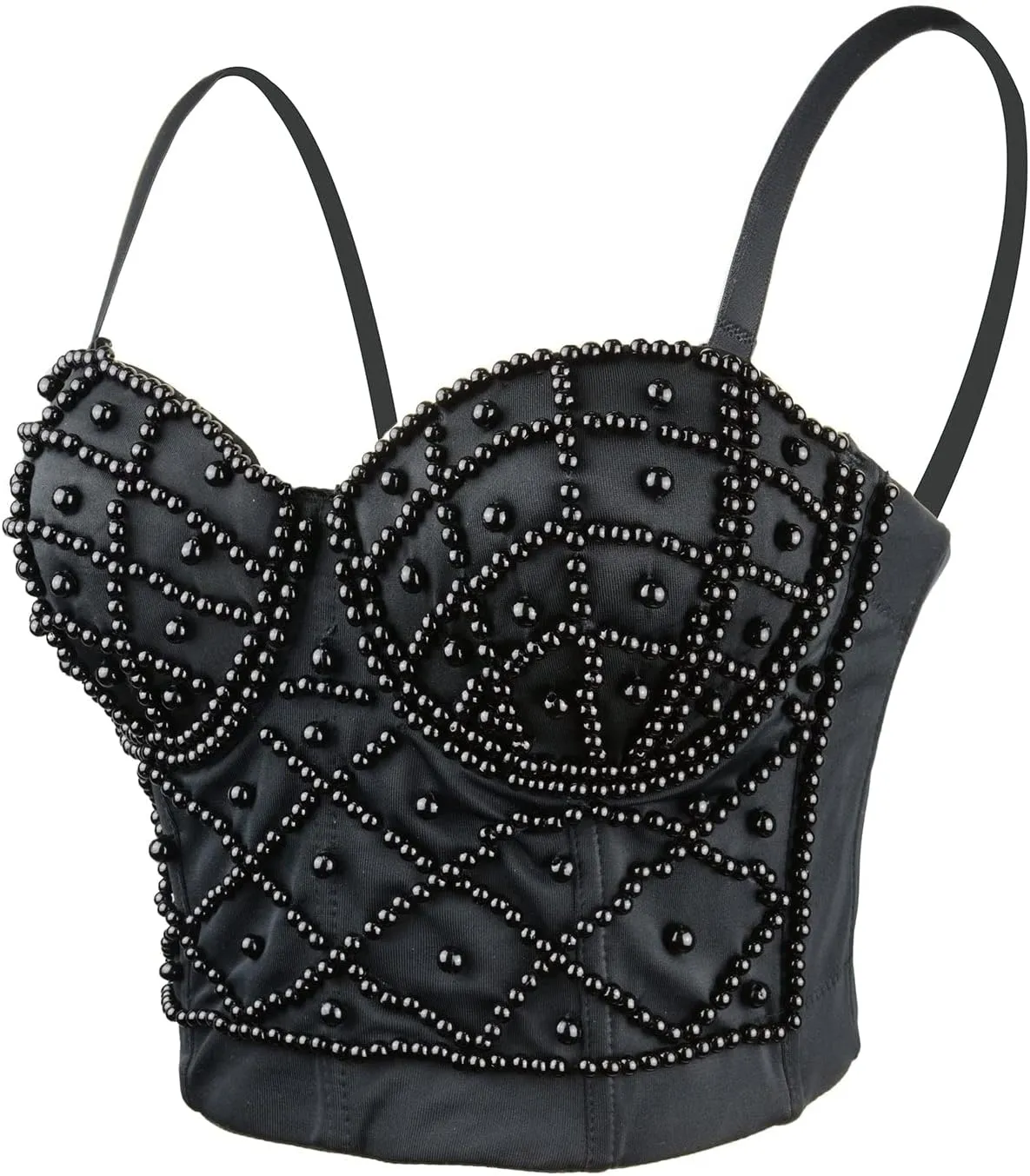 ELLACCI Sexy Pearls Beaded Bustier Corset Crop Top Club Party Cage Bra