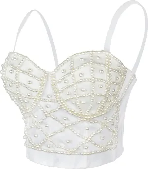 ELLACCI Sexy Pearls Beaded Bustier Corset Crop Top Club Party Cage Bra