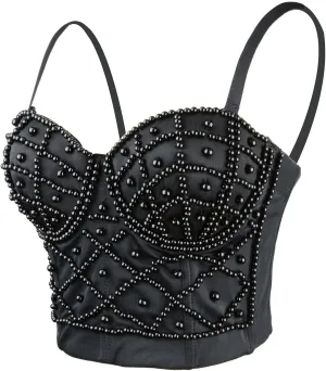 ELLACCI Sexy Pearls Beaded Bustier Corset Crop Top Club Party Cage Bra
