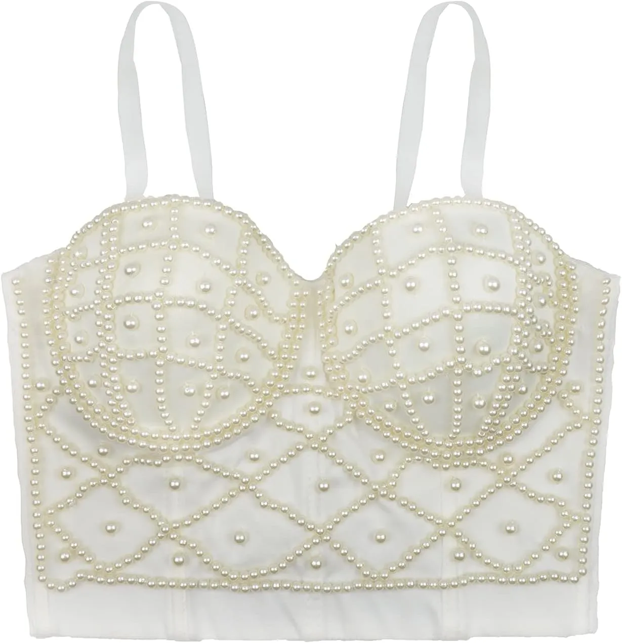 ELLACCI Sexy Pearls Beaded Bustier Corset Crop Top Club Party Cage Bra