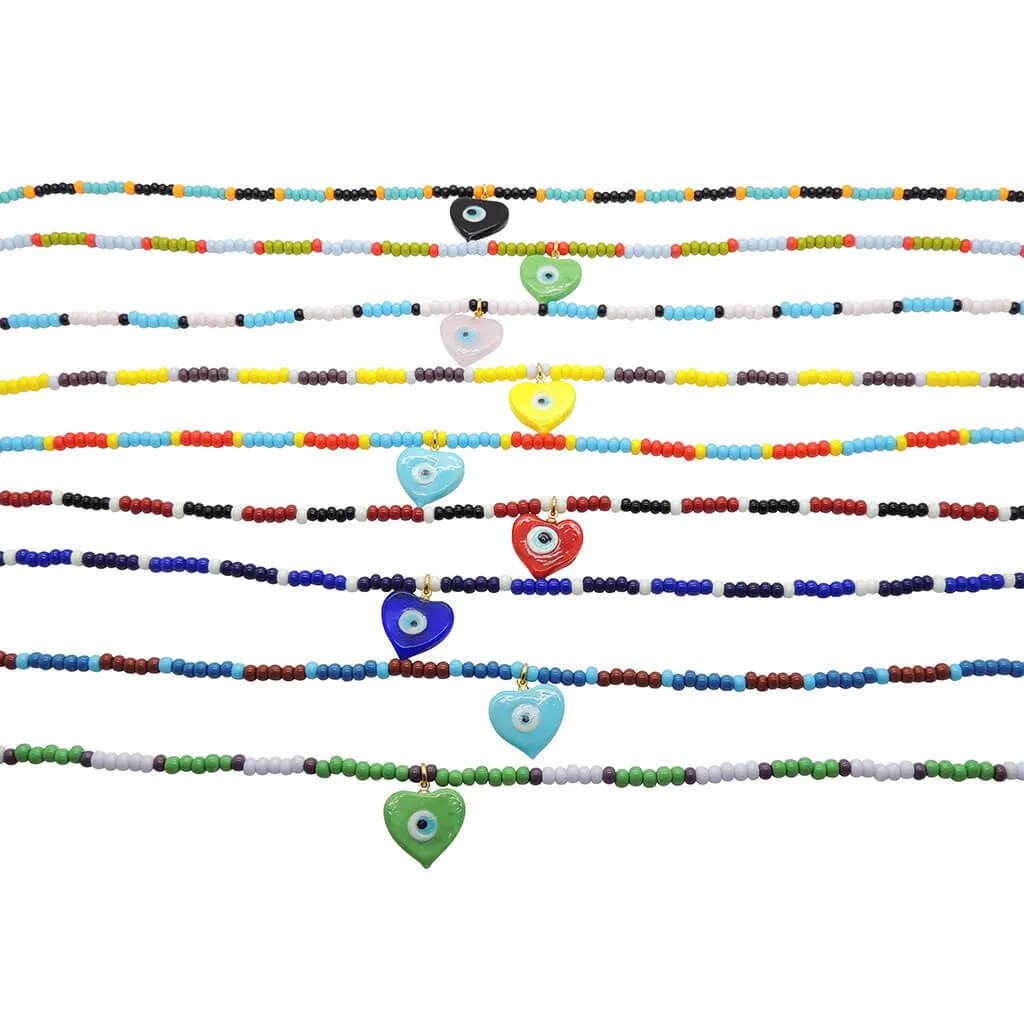 Evil Eye Heart Charm Glass Bead Trio Choker