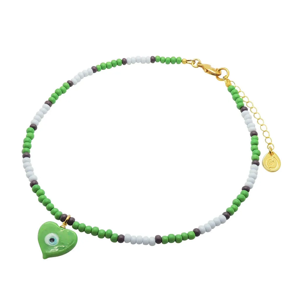 Evil Eye Heart Charm Glass Bead Trio Choker