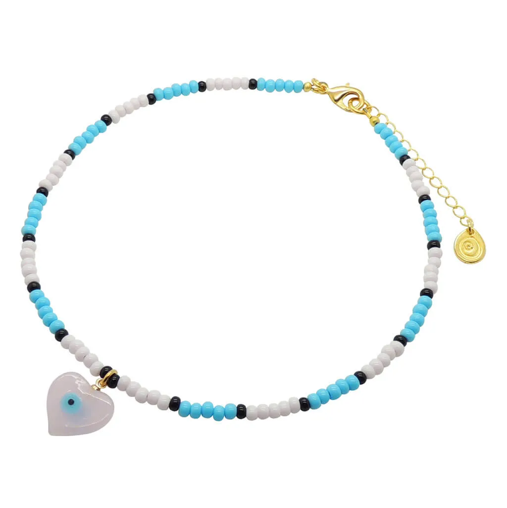 Evil Eye Heart Charm Glass Bead Trio Choker