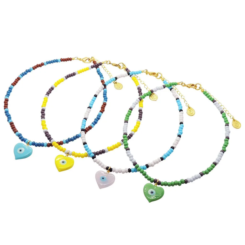 Evil Eye Heart Charm Glass Bead Trio Choker