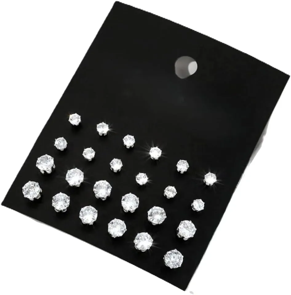 Fashion Crystal Stud Earrings Set, 12 Pairs, Assorted Sizes, Clear Rhinestone