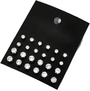 Fashion Crystal Stud Earrings Set, 12 Pairs, Assorted Sizes, Clear Rhinestone