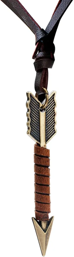 FORUBUS Handmade Arrow Leather Necklace, Vintage Ethnic Style Arrowhead Pendant Leather Rope Neckalce for Men Women Boho Distressed Jewelry