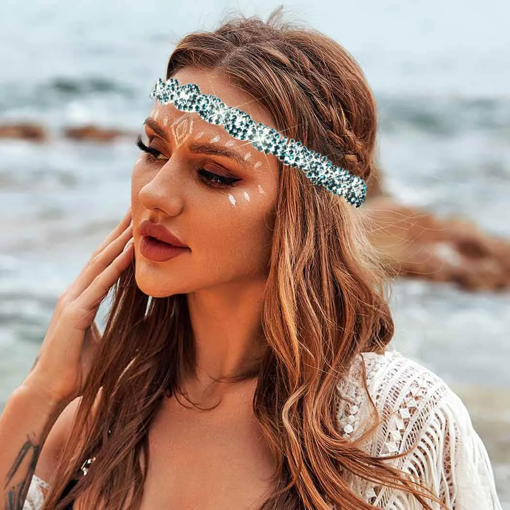 Fstrend Gold Elastic Rhinestone headbands Sparkly Crystal Headpiece Hair Accessories (Green)