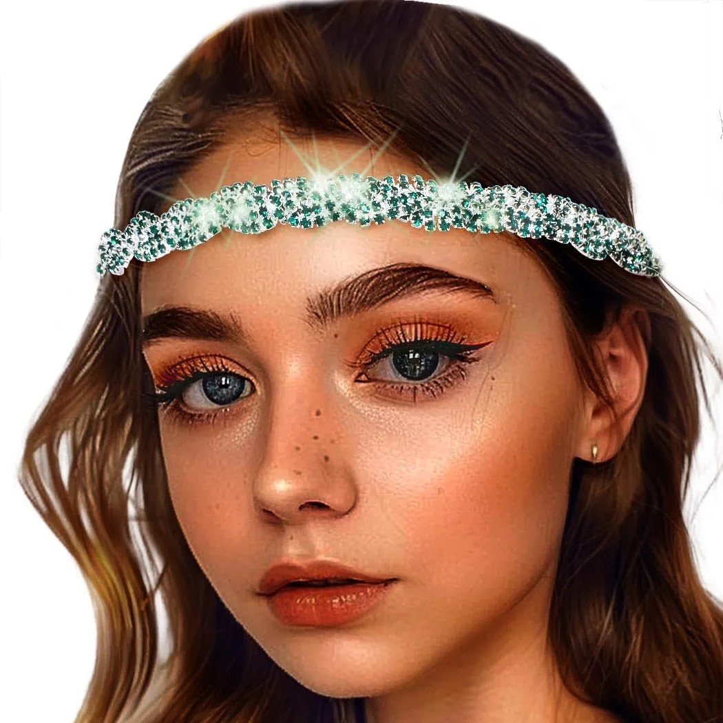 Fstrend Gold Elastic Rhinestone headbands Sparkly Crystal Headpiece Hair Accessories (Green)
