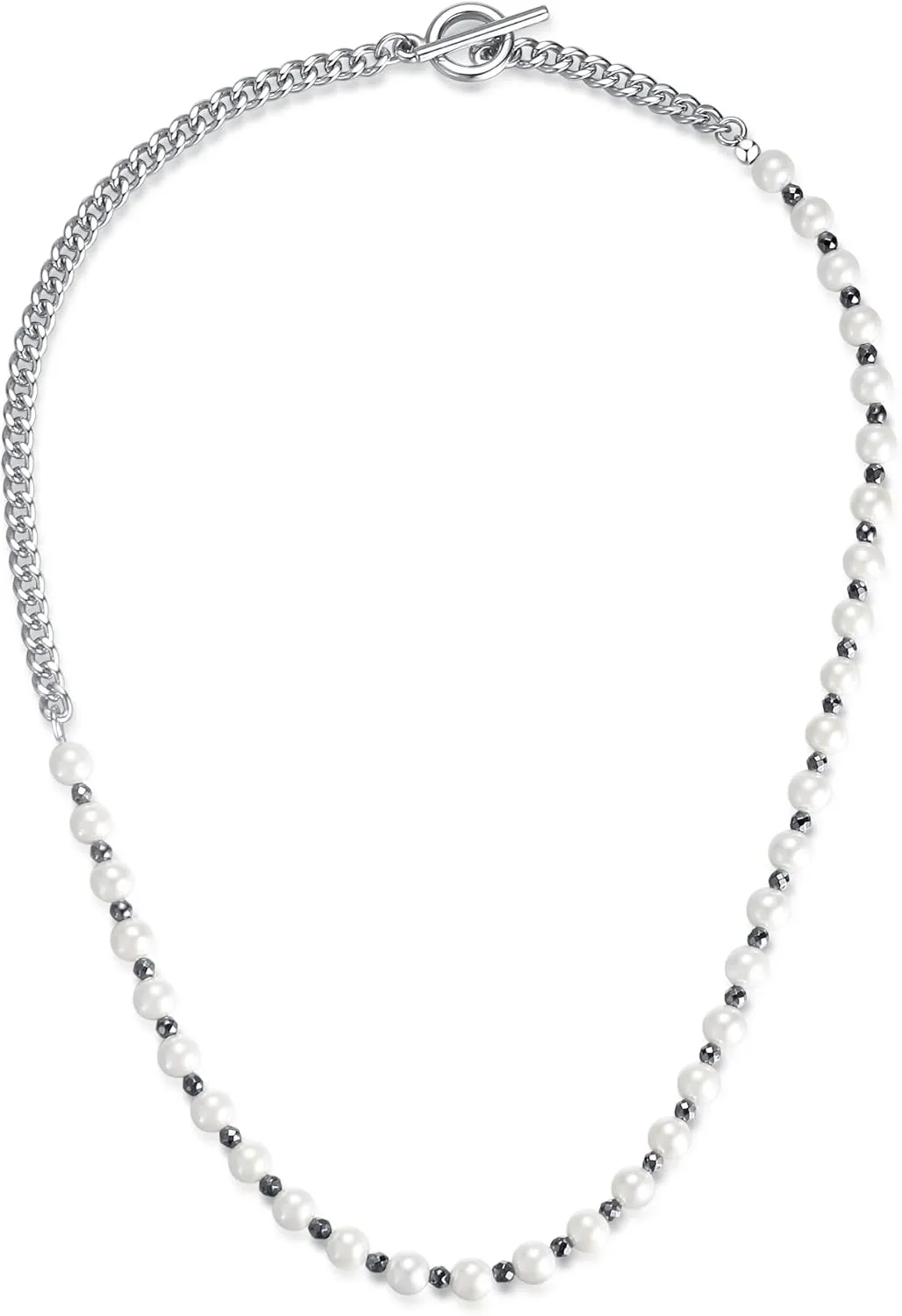 GAVU Shell Pearl Necklace for Men, Men??s Pearl Chain Necklace, Hematite Beaded Necklace for Men