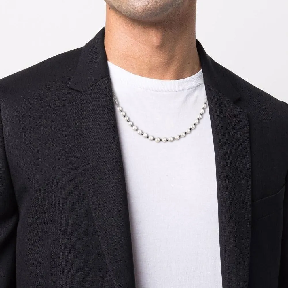 GAVU Shell Pearl Necklace for Men, Men??s Pearl Chain Necklace, Hematite Beaded Necklace for Men