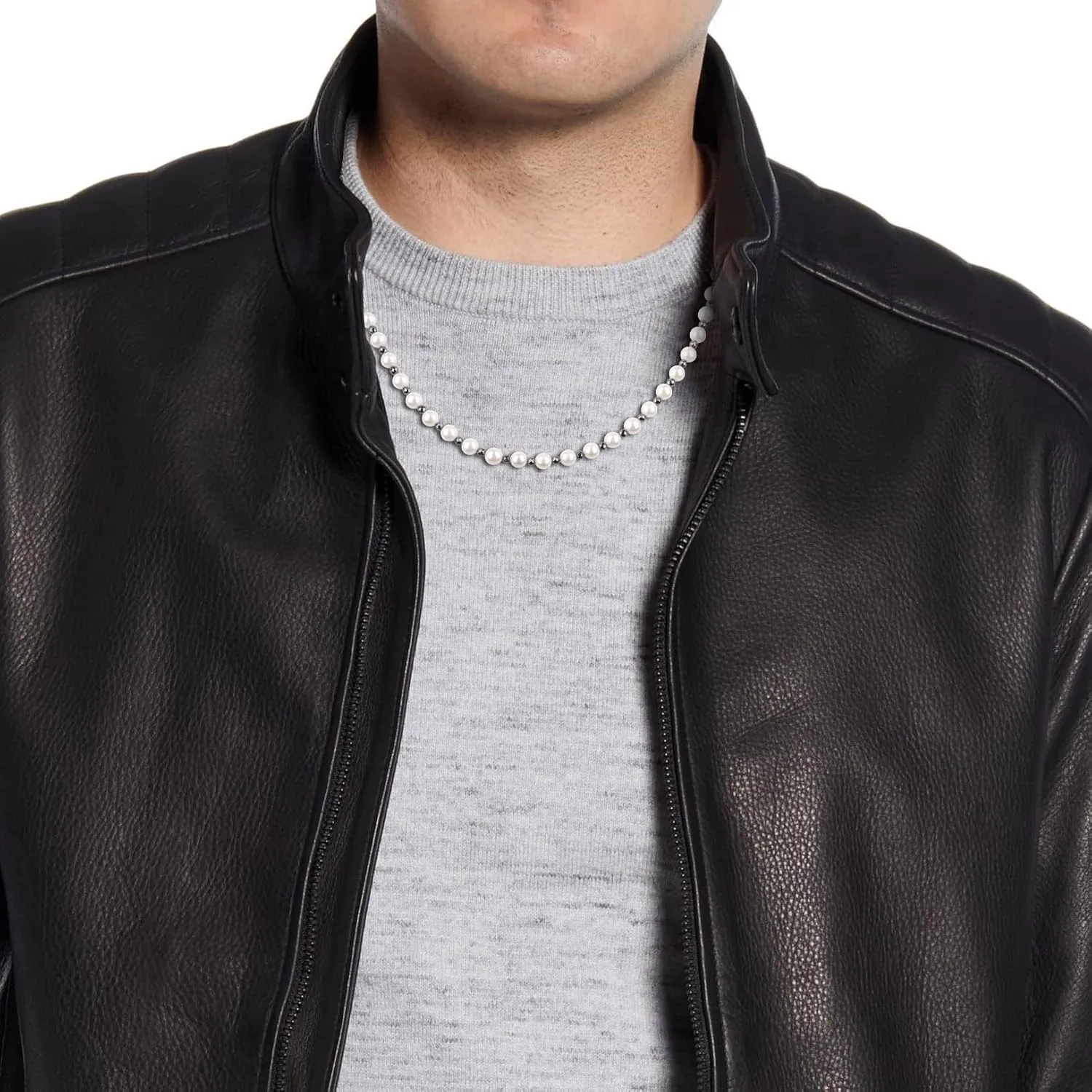 GAVU Shell Pearl Necklace for Men, Men??s Pearl Chain Necklace, Hematite Beaded Necklace for Men
