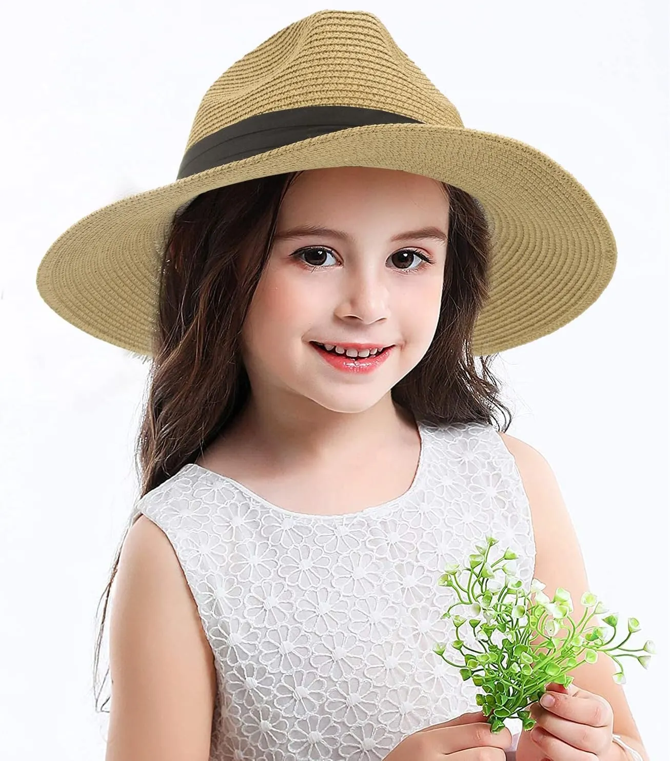 Girls Panama Wide-Brim Floppy Straw Sun-Hat Roll up Foldable Fedora Hat Summer Beach(2 Sizes:5 to9 Years;9 to 19Years)