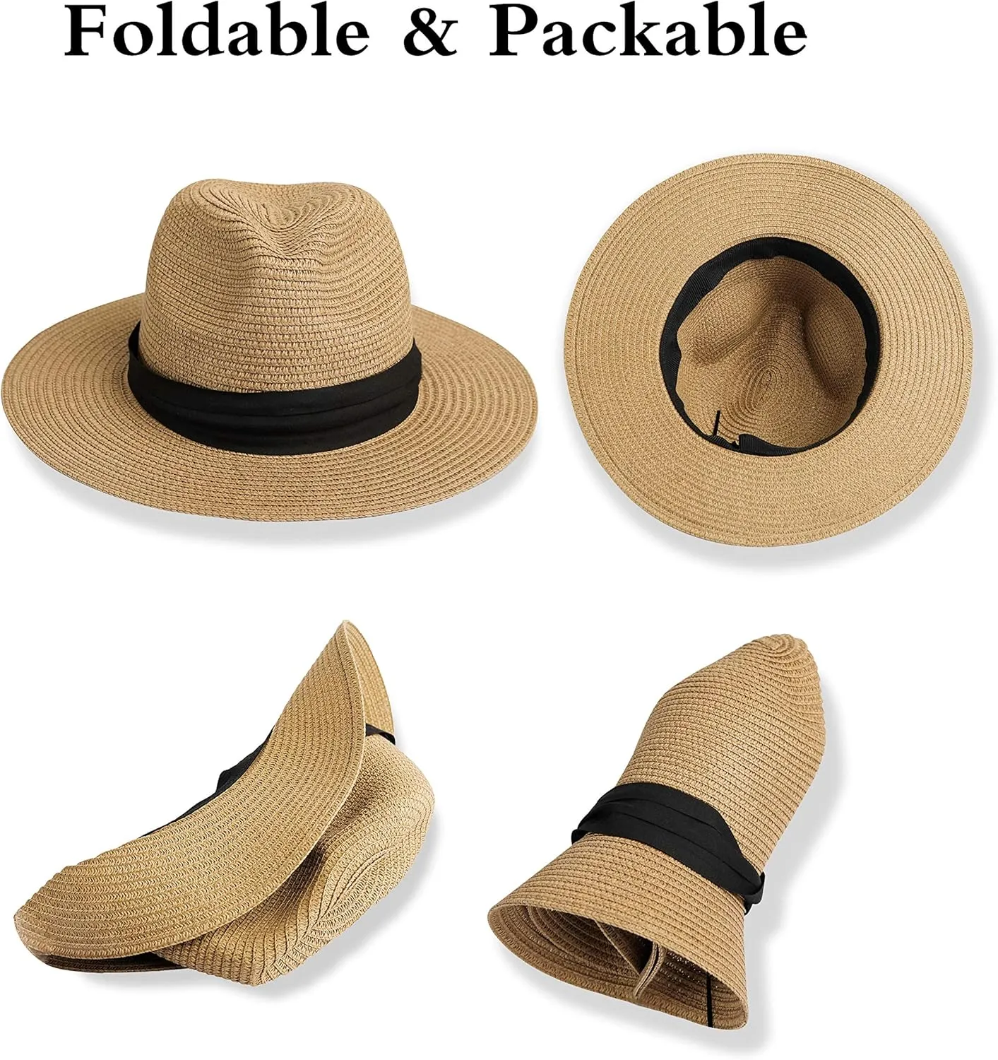 Girls Panama Wide-Brim Floppy Straw Sun-Hat Roll up Foldable Fedora Hat Summer Beach(2 Sizes:5 to9 Years;9 to 19Years)