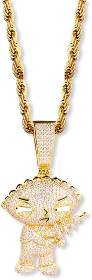 Gold Nation Jewelry Unisex Stewie Griffin Pendant from the Family Guy series - Iced Out Cubic Zirconia AAA  Quality Necklace 14K Yellow Gold Plated Over Premium Brass for Men & Women, Big