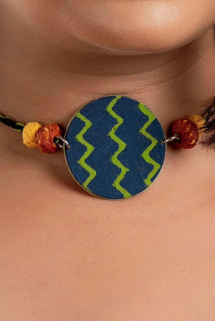 Handmade Fabric Choker Necklace in Green Blue Zigzag Design with Thread Balls and Adjustable Dori for Women