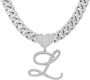 Initial Necklaces Silver Cuban Link Chain for Women Iced Out Chain with Heart Letter Pendants Custom Chain Name Necklace Hip Hop Jewelry Gift