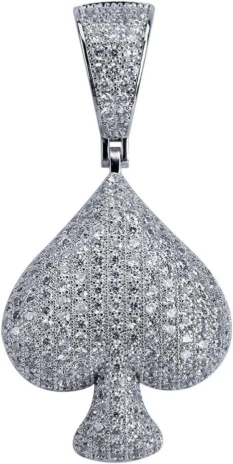 JINAO Iced Out Club Diamond Heart Spade Playing Cards Simulated Lab diamonds Pendant Necklace (Spade-Silver)