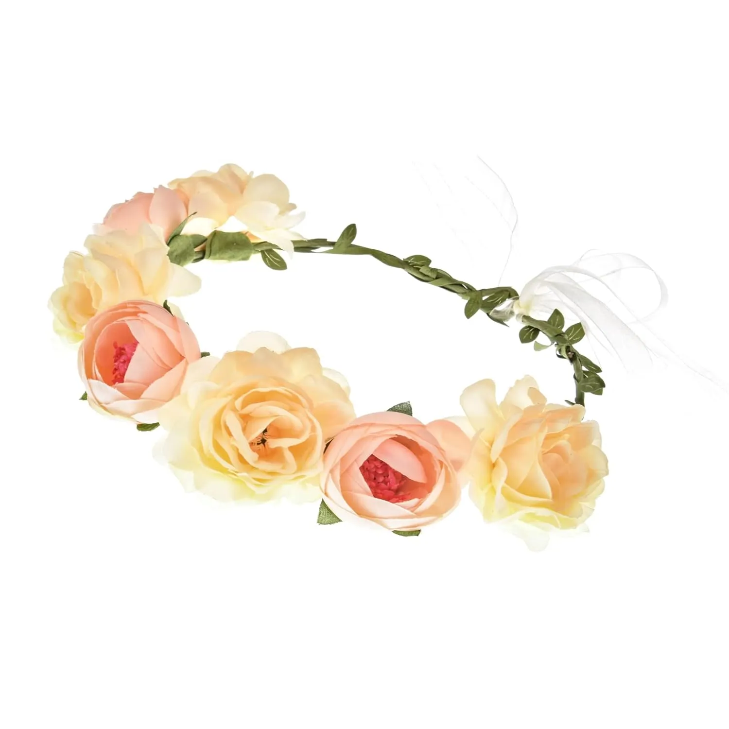 June Bloomy Women Rose Floral Crown Hair Wreath Leave Flower Headband with Adjustable Ribbon (Champagne)