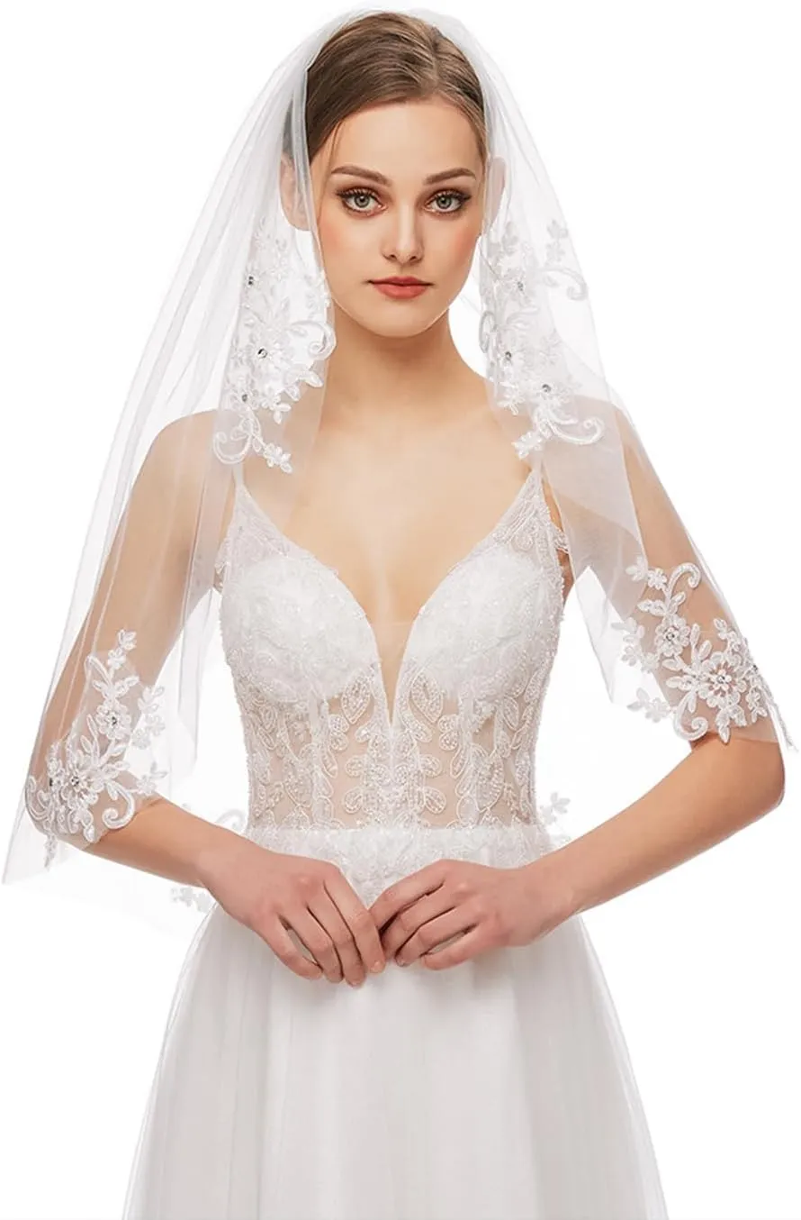 JWICOS Elegant 1 Tier Wedding Veil for Brides Simple Women Soft Tulle Veil Crystal Beaded Veil for Wedding Hen Party (White)