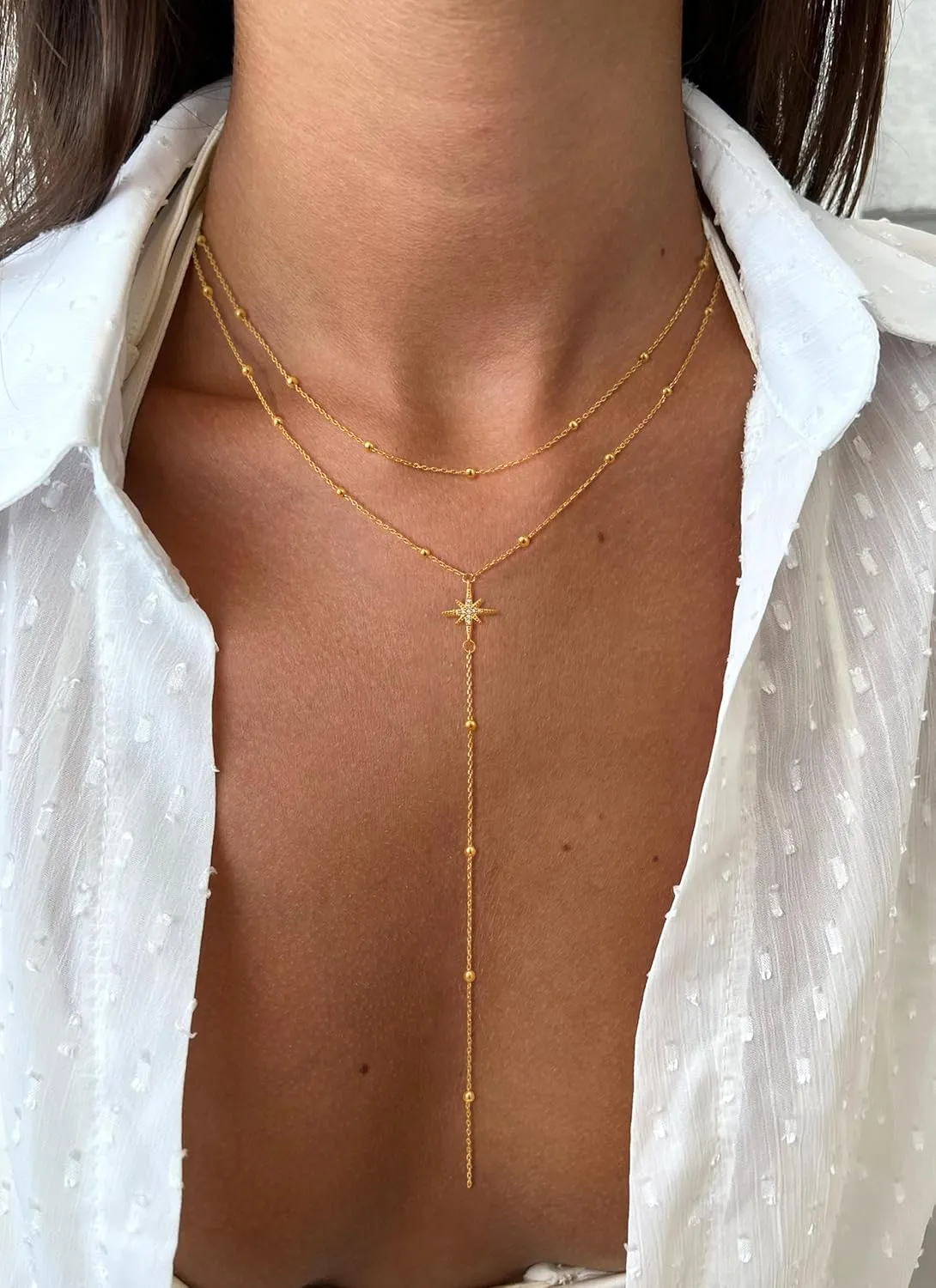 Lariat Gold Necklaces for Women - Dainty Gold Necklace Trendy 14K Gold Plated Hypoallergenic Layered Long Y-Shape Sunburst CZ T-Bar Pendant Drop Chain Necklace Set for Women Non Tarinsh Jewelry Gift