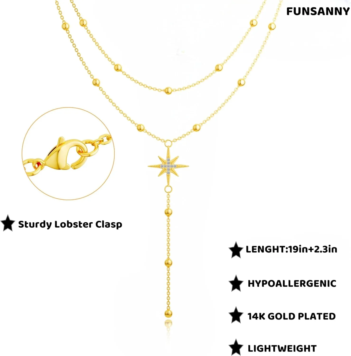 Lariat Gold Necklaces for Women - Dainty Gold Necklace Trendy 14K Gold Plated Hypoallergenic Layered Long Y-Shape Sunburst CZ T-Bar Pendant Drop Chain Necklace Set for Women Non Tarinsh Jewelry Gift