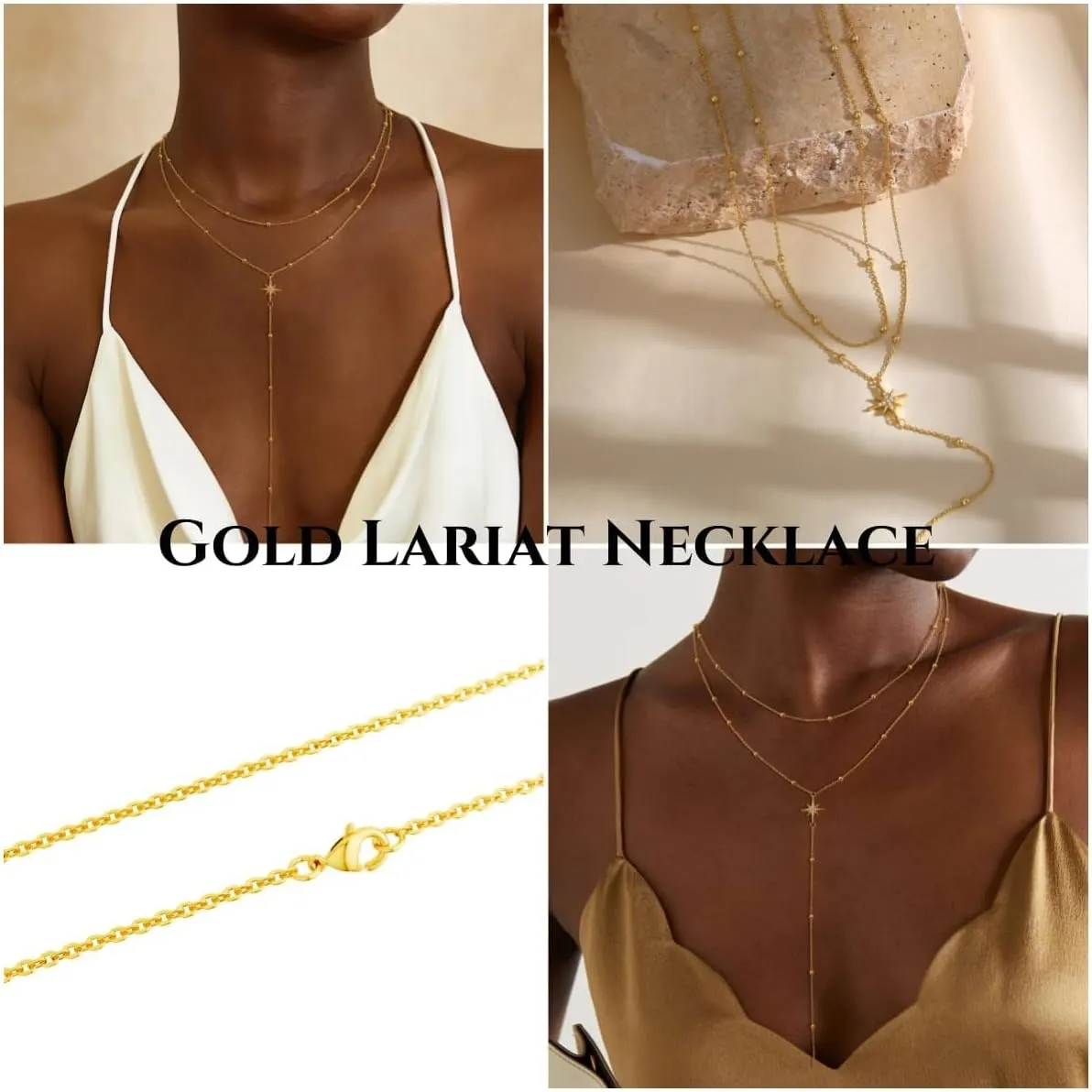Lariat Gold Necklaces for Women - Dainty Gold Necklace Trendy 14K Gold Plated Hypoallergenic Layered Long Y-Shape Sunburst CZ T-Bar Pendant Drop Chain Necklace Set for Women Non Tarinsh Jewelry Gift