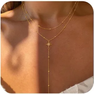 Lariat Gold Necklaces for Women - Dainty Gold Necklace Trendy 14K Gold Plated Hypoallergenic Layered Long Y-Shape Sunburst CZ T-Bar Pendant Drop Chain Necklace Set for Women Non Tarinsh Jewelry Gift
