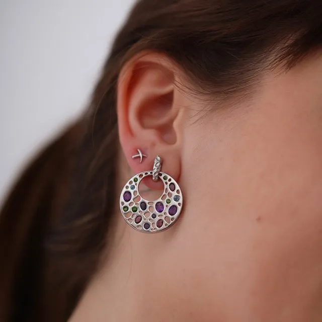 Lattice Disc Multi Gems Drop Earrings
