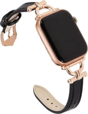 Leather Band Compatible with Apple Watch Women 42mm 44mm 45mm 49mm(Ultra), Genuine Leather Strap with D-Shape Rose Gold Metal Buckle for iWatch Series 8 SE 7 6 5 4 3 2 1, Black