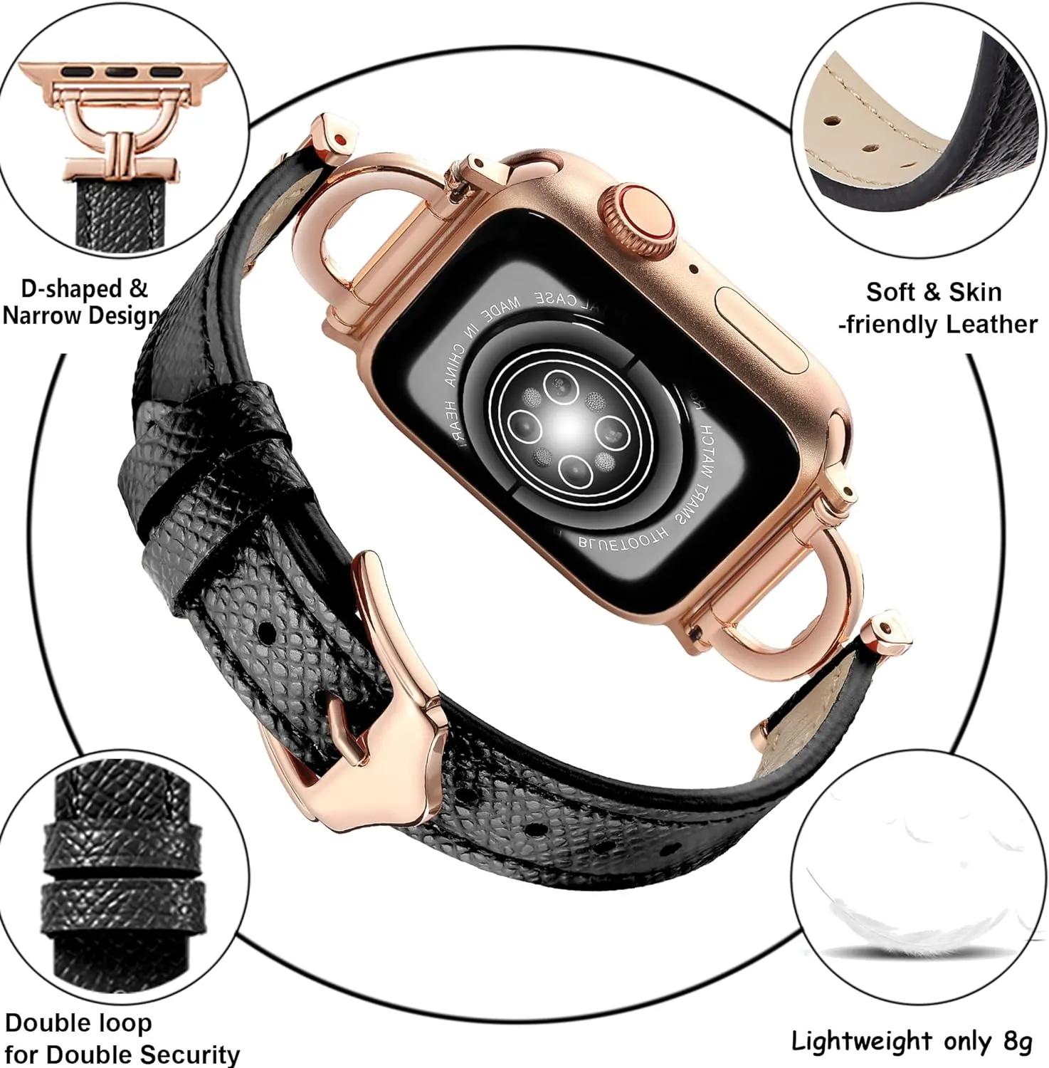 Leather Band Compatible with Apple Watch Women 42mm 44mm 45mm 49mm(Ultra), Genuine Leather Strap with D-Shape Rose Gold Metal Buckle for iWatch Series 8 SE 7 6 5 4 3 2 1, Black