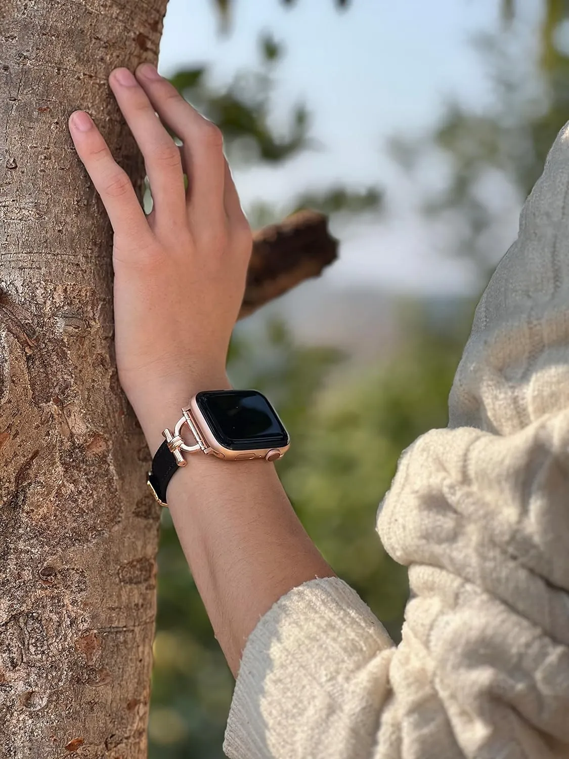 Leather Band Compatible with Apple Watch Women 42mm 44mm 45mm 49mm(Ultra), Genuine Leather Strap with D-Shape Rose Gold Metal Buckle for iWatch Series 8 SE 7 6 5 4 3 2 1, Black