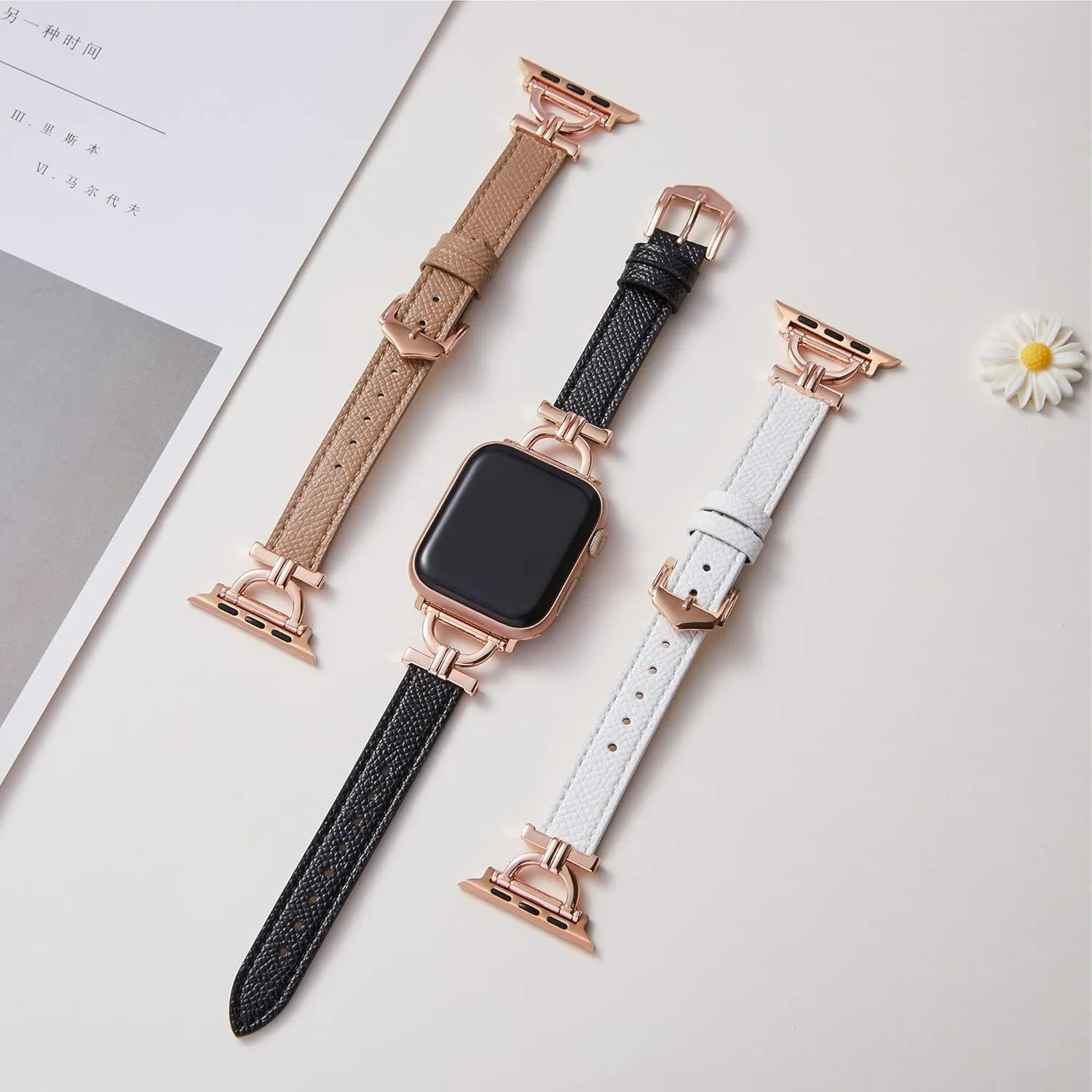 Leather Band Compatible with Apple Watch Women 42mm 44mm 45mm 49mm(Ultra), Genuine Leather Strap with D-Shape Rose Gold Metal Buckle for iWatch Series 8 SE 7 6 5 4 3 2 1, Black