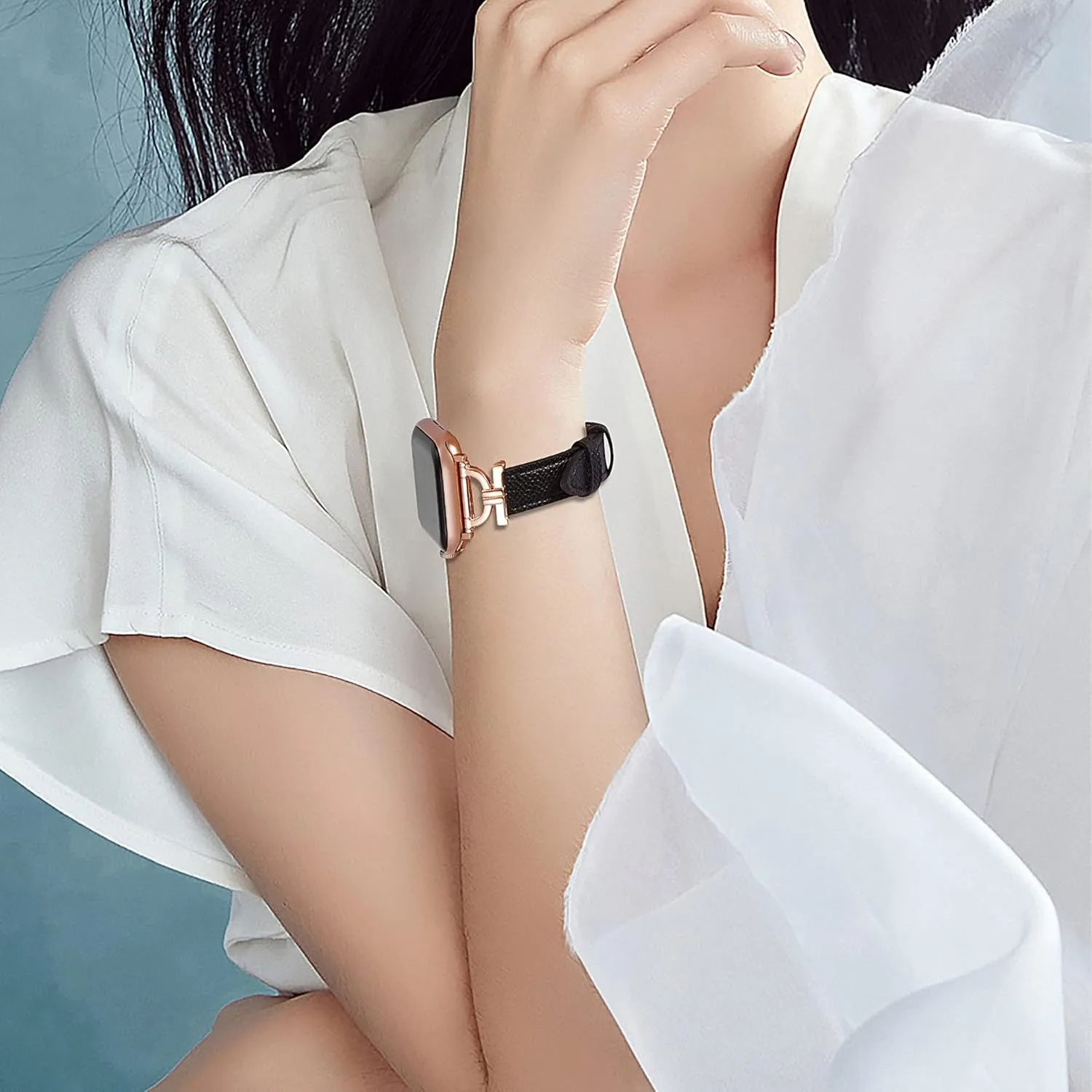 Leather Band Compatible with Apple Watch Women 42mm 44mm 45mm 49mm(Ultra), Genuine Leather Strap with D-Shape Rose Gold Metal Buckle for iWatch Series 8 SE 7 6 5 4 3 2 1, Black