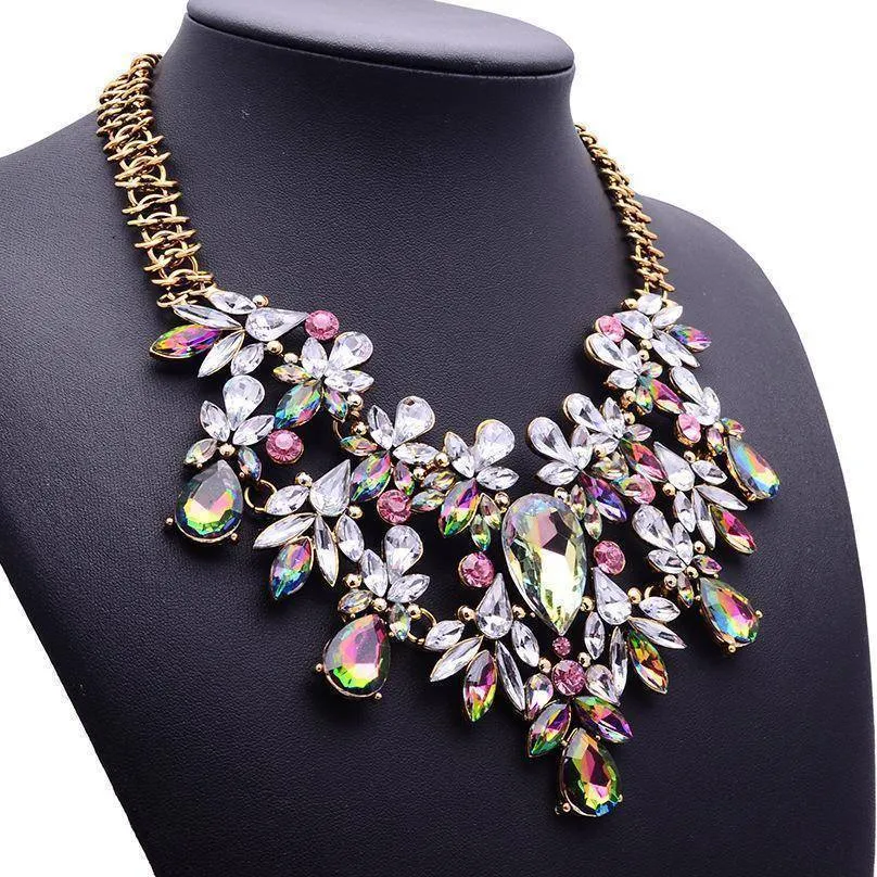 Luxury Statement Colorful Flower Boho Maxi Gem Necklace Gem